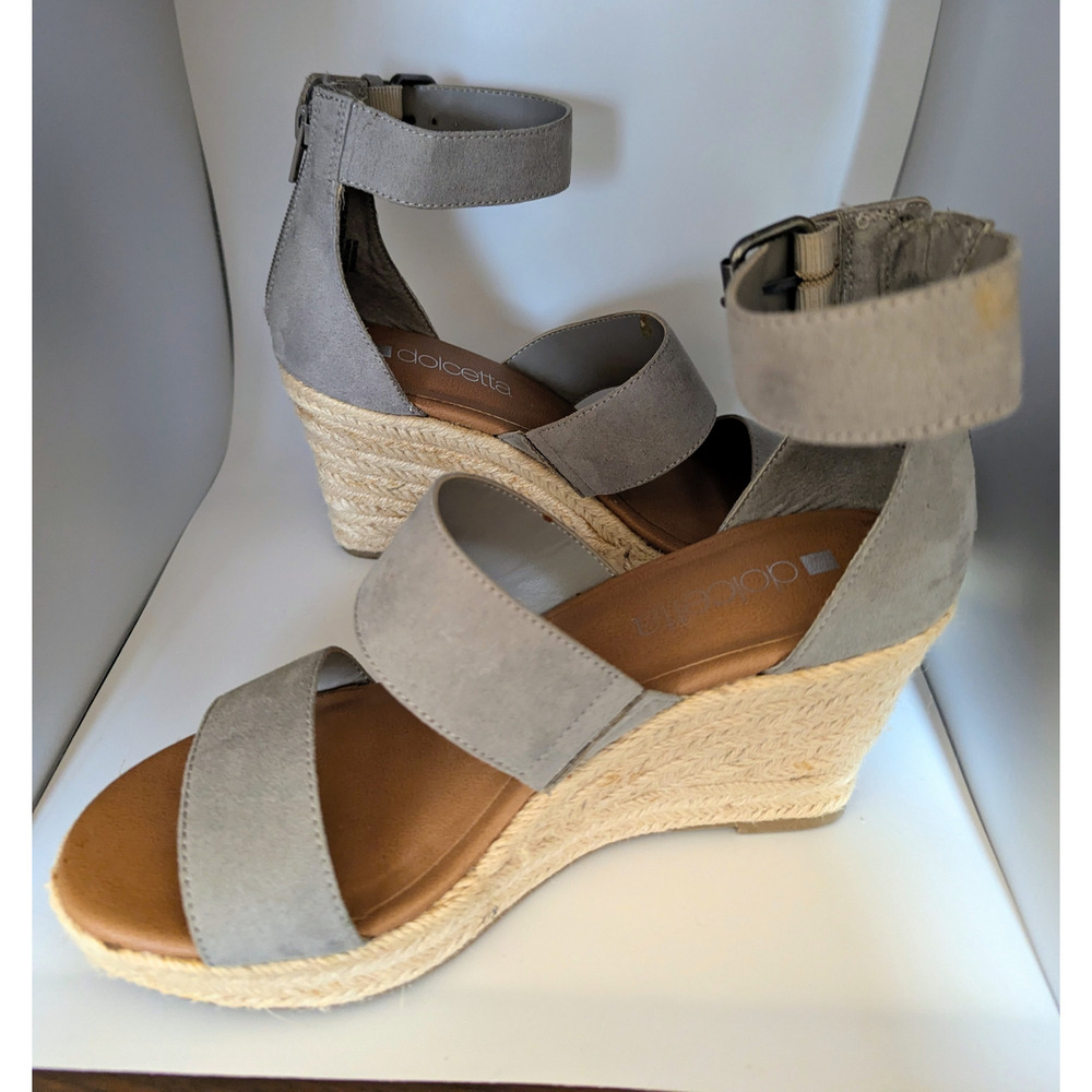 Dolcetta Gray Espadrille Wedge Sandals Women’s Size 8 Suede Leather Ankle Strap